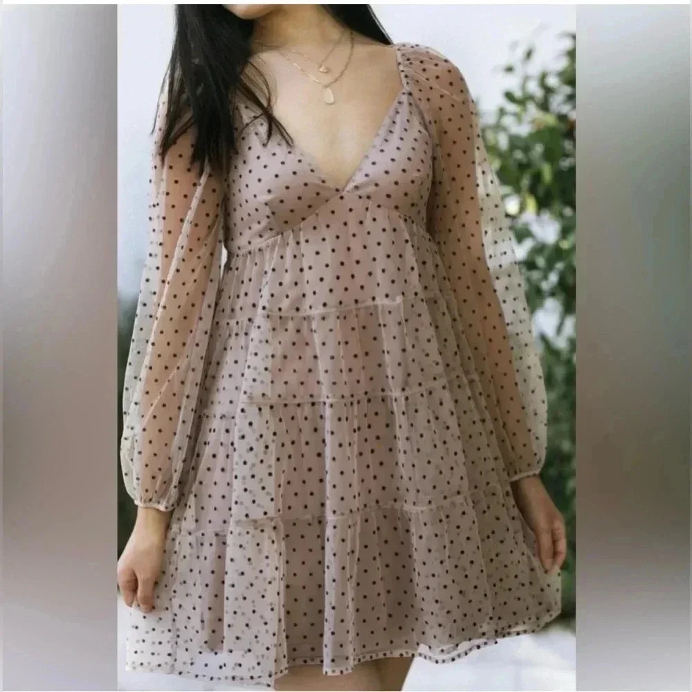 Storia Mini Tan Polka Dot Sheer Tiered Long Sleeve V Neck Dress Women’s